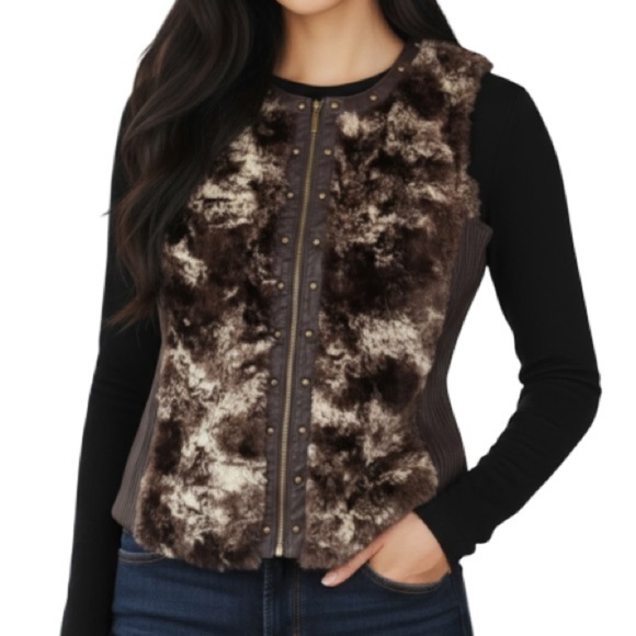 REBA NWT Faux Fur Vest Madrid Brown Faux Leather Zip Up Studded Brass Mobwife L - Picture 1 of 11
